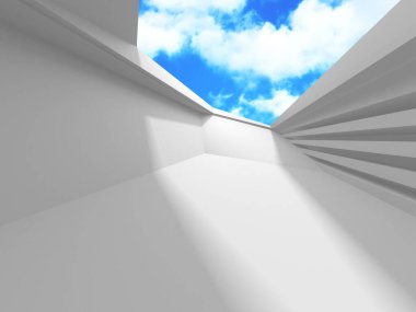 Bulutlu gökyüzü arka planda fütüristik beyaz mimari tasarım