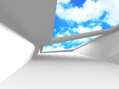 Bulutlu gökyüzü arka planda fütüristik beyaz mimari tasarım