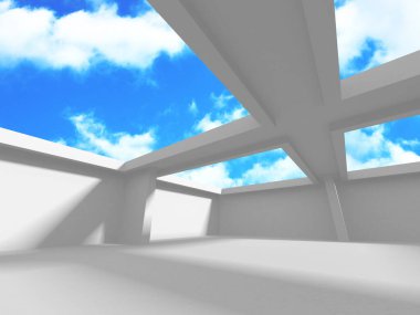 Bulutlu gökyüzü arka planda fütüristik beyaz mimari tasarım