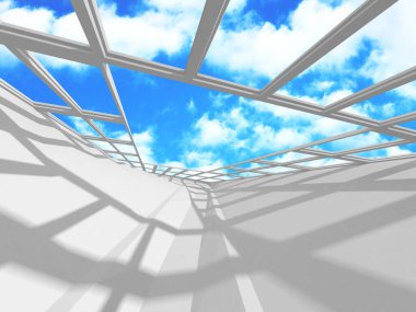 Bulutlu gökyüzü arka planda fütüristik beyaz mimari tasarım