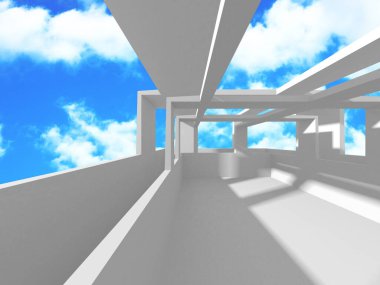 Bulutlu gökyüzü arka planda fütüristik beyaz mimari tasarım