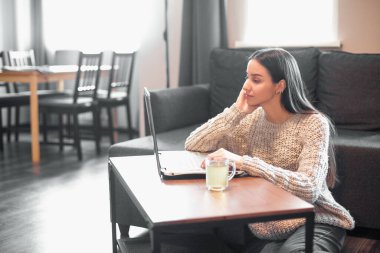 Modern dizüstü bilgisayarı olan genç bir kadın evdeki kanepede oturuyor. Boş zamanlarında internette gezinen mutlu kız... 