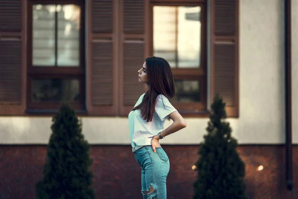 Mooi Toeristisch Meisje Straat Prachtige Jonge Model Vrouw Outdoor Portret — Stockfoto