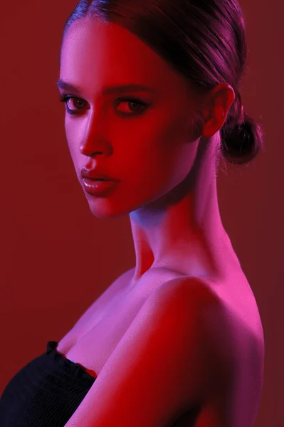 Mode Bunte Beauty Make Porträt Schöne Modell Mädchen Neonlichter Studio — Stockfoto
