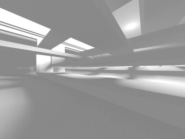 Gökyüzüne açılan penceresi olan içi boş beyaz bir oda. 3d hazırlayıcı