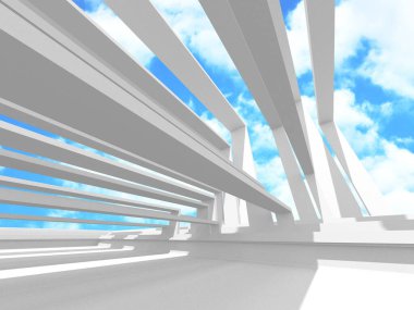 Gökyüzüne açılan penceresi olan içi boş beyaz bir oda. 3d hazırlayıcı