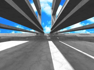 Bulutlu arka planda beton duvar inşaatı. Soyut mimari tasarım konsepti. 3d hazırlayıcı