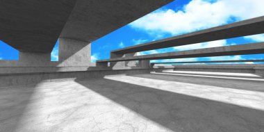 Bulutlu arka planda beton duvar inşaatı. Soyut mimari tasarım konsepti. 3d hazırlayıcı