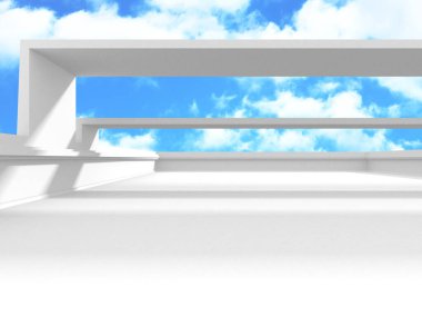 Gökyüzüne açılan penceresi olan içi boş beyaz bir oda. 3d hazırlayıcı