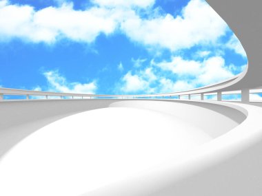 Gökyüzüne açılan penceresi olan içi boş beyaz bir oda. 3d hazırlayıcı