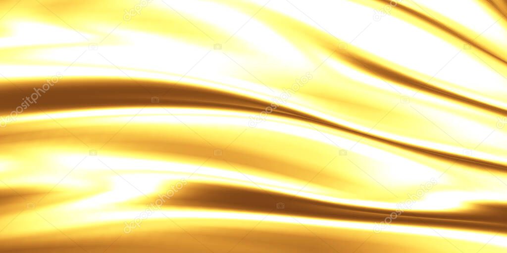 Golden abstract wavy liquid background. 3d render illustration