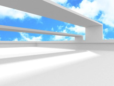 Gökyüzüne açılan penceresi olan içi boş beyaz bir oda. 3d hazırlayıcı