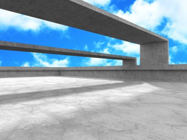 Bulutlu arka planda beton duvar inşaatı. Soyut mimari tasarım konsepti. 3d hazırlayıcı