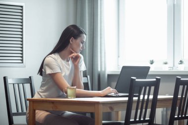 Işık odasında bilgisayarla çalışan bir kız. Modern iç mekanlarda sosyal ağda kadın sohbeti