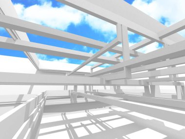 Gökyüzü manzaralı boş beyaz mimari. 3d hazırlayıcı