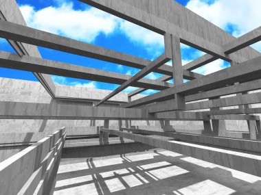 Bulutlu arka planda beton duvar inşaatı. Soyut mimari tasarım konsepti. 3d hazırlayıcı