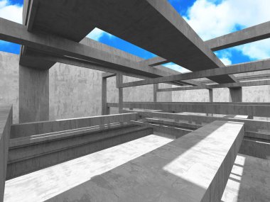 Bulutlu arka planda beton duvar inşaatı. Soyut mimari tasarım konsepti. 3d hazırlayıcı