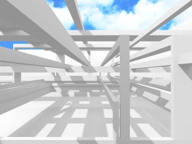 Gökyüzü manzaralı boş beyaz mimari. 3d hazırlayıcı