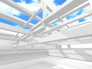 Gökyüzü manzaralı boş beyaz mimari. 3d hazırlayıcı