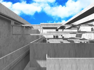 Bulutlu arka planda beton duvar inşaatı. Soyut mimari tasarım konsepti. 3d hazırlayıcı