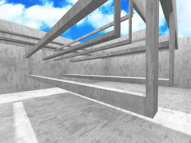 Bulutlu arka planda beton duvar inşaatı. Soyut mimari tasarım konsepti. 3d hazırlayıcı