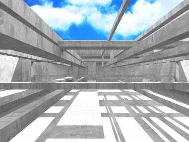 Bulutlu arka planda beton duvar inşaatı. Soyut mimari tasarım konsepti. 3d hazırlayıcı