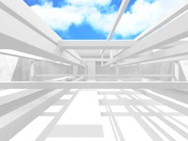 Gökyüzü manzaralı boş beyaz mimari. 3d hazırlayıcı