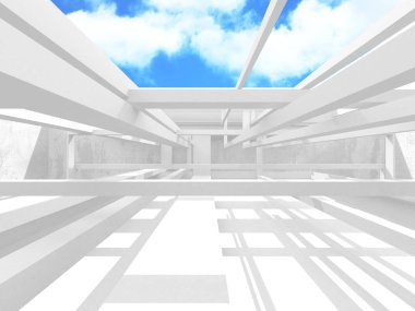 Gökyüzü manzaralı boş beyaz mimari. 3d hazırlayıcı