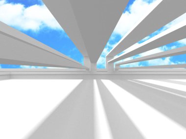 Gökyüzüne açılan penceresi olan içi boş beyaz bir oda. 3d hazırlayıcı