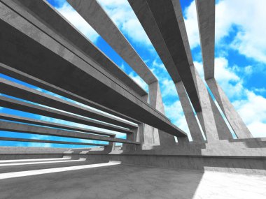 Bulutlu arka planda beton duvar inşaatı. Soyut mimari tasarım konsepti. 3d hazırlayıcı