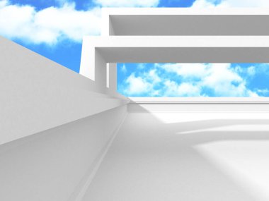 Gökyüzüne açılan penceresi olan içi boş beyaz bir oda. 3d hazırlayıcı