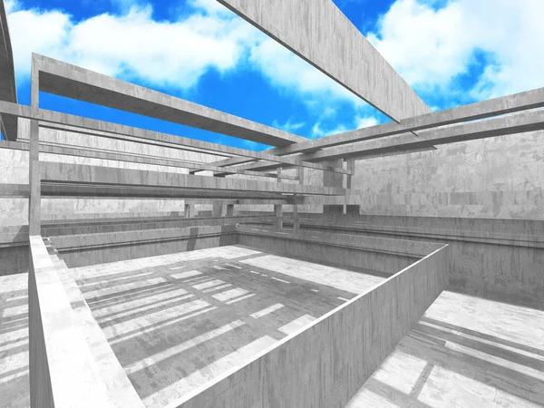 Bulutlu arka planda beton duvar inşaatı. Soyut mimari tasarım konsepti. 3d hazırlayıcı