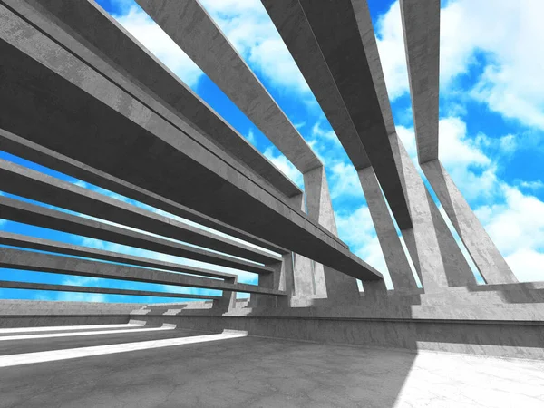 Bulutlu arka planda beton duvar inşaatı. Soyut mimari tasarım konsepti. 3d hazırlayıcı