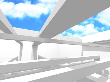 Gökyüzü manzaralı boş beyaz mimari. 3d hazırlayıcı