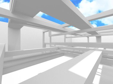 Gökyüzü manzaralı boş beyaz mimari. 3d hazırlayıcı