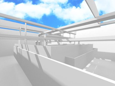 Gökyüzü manzaralı boş beyaz mimari. 3d hazırlayıcı