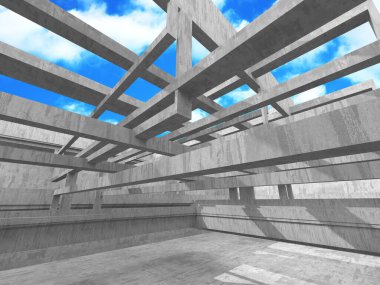 Bulutlu arka planda beton duvar inşaatı. Soyut mimari tasarım konsepti. 3d hazırlayıcı