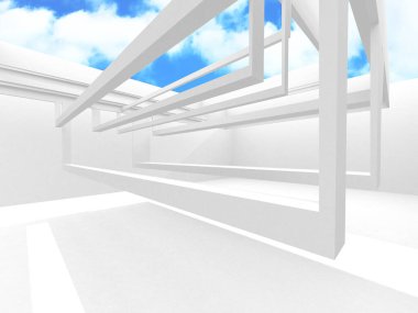 Gökyüzü manzaralı boş beyaz mimari. 3d hazırlayıcı