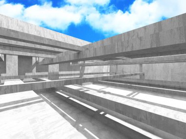 Bulutlu arka planda beton duvar inşaatı. Soyut mimari tasarım konsepti. 3d hazırlayıcı