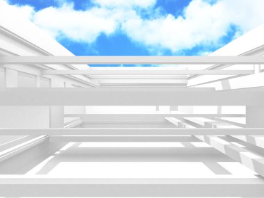 Gökyüzü manzaralı boş beyaz mimari. 3d hazırlayıcı