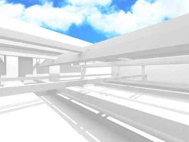 Gökyüzü manzaralı boş beyaz mimari. 3d hazırlayıcı