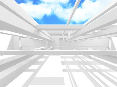 Gökyüzü manzaralı boş beyaz mimari. 3d hazırlayıcı