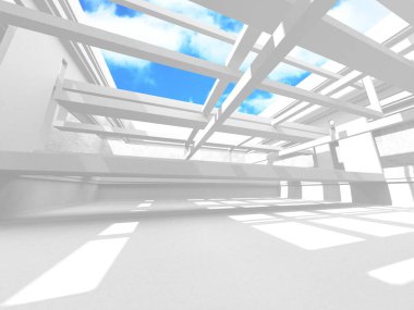 Gökyüzü manzaralı boş beyaz mimari. 3d hazırlayıcı