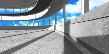 Bulutlu arka planda beton duvar inşaatı. Soyut mimari tasarım konsepti. 3d hazırlayıcı