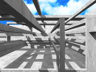 Bulutlu arka planda beton duvar inşaatı. Soyut mimari tasarım konsepti. 3d hazırlayıcı