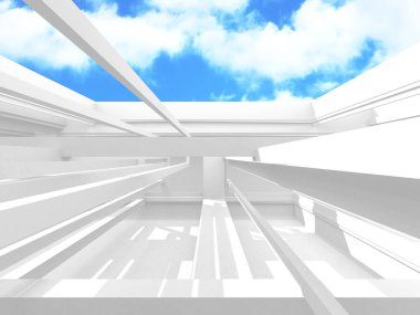 Gökyüzü manzaralı boş beyaz mimari. 3d hazırlayıcı