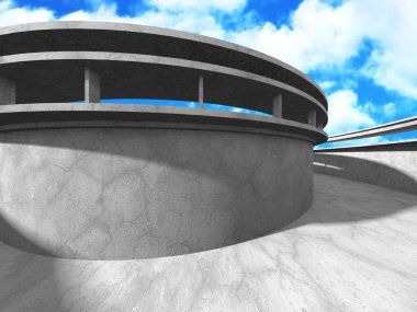 Bulutlu arka planda beton duvar inşaatı. Soyut mimari tasarım konsepti. 3d hazırlayıcı