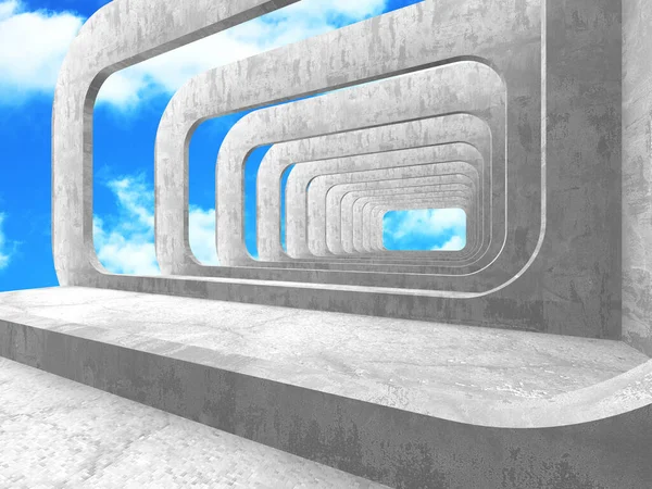 Bulutlu arka planda beton duvar inşaatı. Soyut mimari tasarım konsepti. 3d hazırlayıcı