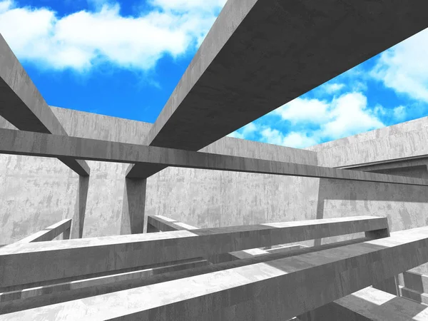 Bulutlu arka planda beton duvar inşaatı. Soyut mimari tasarım konsepti. 3d hazırlayıcı