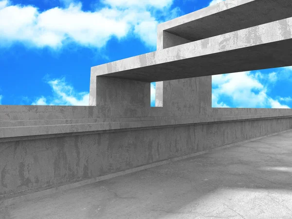 Bulutlu arka planda beton duvar inşaatı. Soyut mimari tasarım konsepti. 3d hazırlayıcı